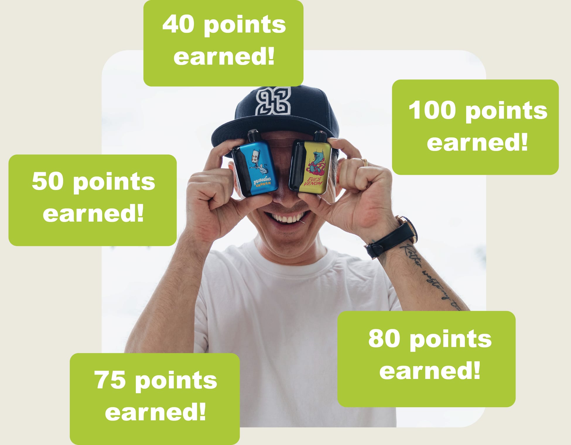 A customer holding two Hometown Hero Vapor devices, surrounded by points earned badges